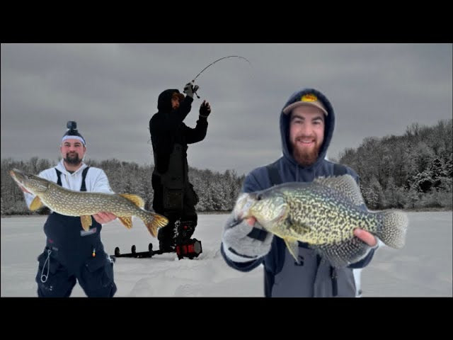 Load video: On today’s episode, we headed to a lake we’ve had previous success at this winter with a goal of getting on some big crappies and big gills! After a slow start to the morning and some bait switches, we got on a few decent gills and landed a solid 14.5” crappie! We had flags out for crappie as well but could only secure a few bass and a decent pike on them. Enjoy!